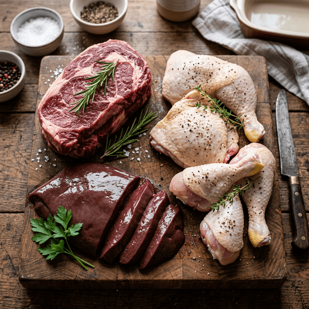 Foods that lower homocysteine with vitamin B12 including beef, chicken, and beef liver