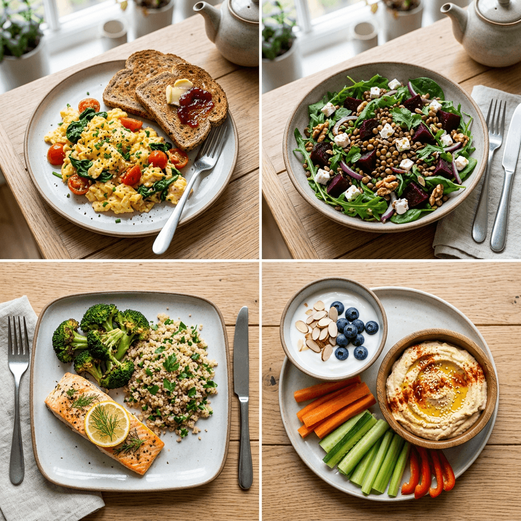 Sample homocysteine diet featuring eggs, salmon, leafy greens, whole grains, and fresh vegetables