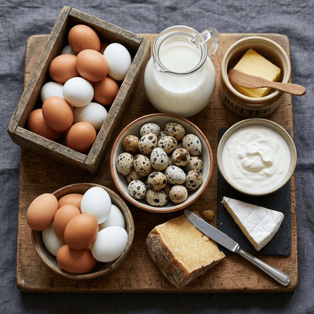 Foods with vitamin B12 including eggs, milk, yogurt, butter, and cheese