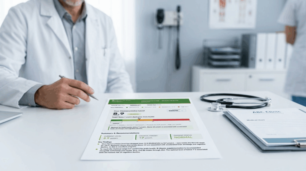 Doctor reviewing a homocysteine blood test results report during a patient consultation in a modern medical office. The report highlights a homocysteine level of 8.9 µmol/L, explains what the result means, and includes a color coded reference range, interpretation, summary, and lifestyle recommendations for supporting heart and brain health. A stethoscope and patient file rest on the desk, reinforcing the clinical setting.