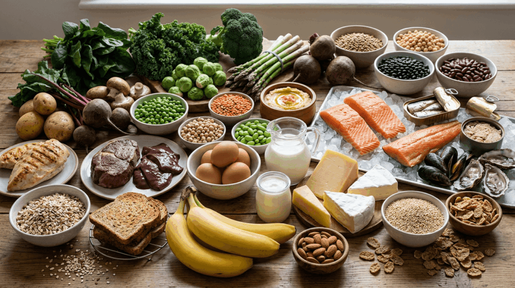 A selection of fish, vegetables, pulses, eggs, nuts and whole foods
