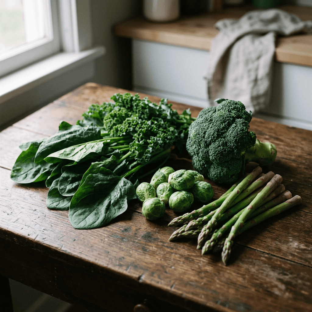 Folate-rich foods that lower homocysteine including spinach, kale, broccoli, Brussels sprouts, and asparagus