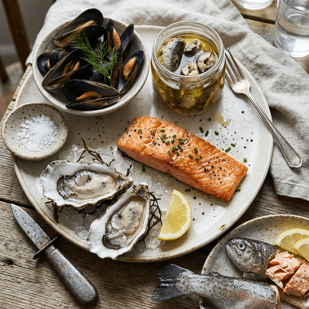 Homocysteine lowering foods including salmon, oysters, mussels, and sardines rich in vitamin B12